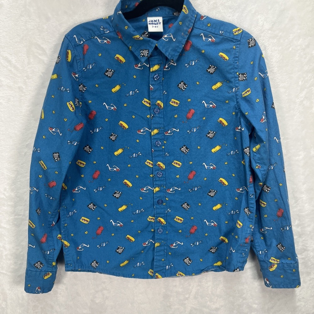 Jam & Honey Button Up Shirt Boy 7-8 Movie Theater Popcorn Snack Roll Tab Novelty